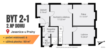 Půdorysný plánek - Pronájem bytu 2+1 v osobním vlastnictví 50 m², Jesenice