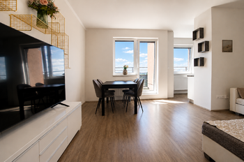 Obývací pokoj + kk - Pronájem bytu 3+kk v osobním vlastnictví 83 m², Praha 9 - Letňany