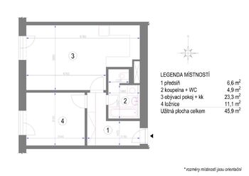 půdorys bytu 2+kk, ul. Lomená - Pronájem bytu 2+kk v osobním vlastnictví 46 m², Zbuzany