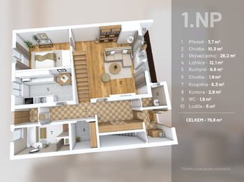 Půdorys 1.NP - Prodej domu 220 m², Praha 9 - Horní Počernice