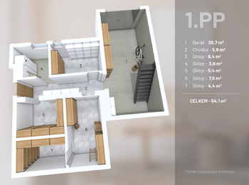 Půdorys 1.PP - Prodej domu 220 m², Praha 9 - Horní Počernice