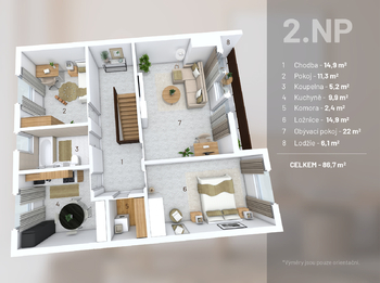 Půdorys 2.NP - Prodej domu 220 m², Praha 9 - Horní Počernice
