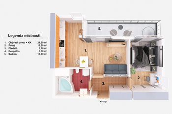 Půdorys. - Prodej bytu 2+kk v osobním vlastnictví 65 m², Praha 9 - Letňany