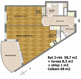 půdorys bytu - Pronájem bytu 2+kk v osobním vlastnictví 59 m², Praha 5 - Stodůlky