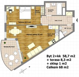 půdorys bytu možné uspořádání nábytku - Pronájem bytu 2+kk v osobním vlastnictví 59 m², Praha 5 - Stodůlky