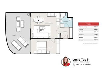 Půdorys bytu - Pronájem bytu 2+kk v osobním vlastnictví 44 m², Praha 10 - Strašnice