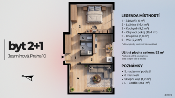 Architektonická studie - Prodej bytu 2+1 v družstevním vlastnictví 52 m², Praha 10 - Záběhlice
