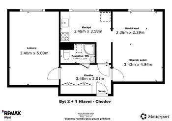 Půdorys - Prodej bytu 2+1 v osobním vlastnictví 55 m², Chodov