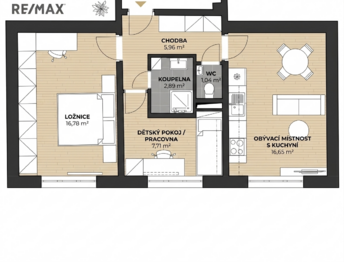 plánek - Pronájem bytu 2+1 v osobním vlastnictví 54 m², Praha 10 - Strašnice