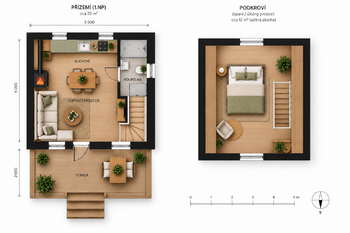 ilustrativní půdorys chaty po přestavbě - Prodej pozemku 1432 m², Praha 5 - Řeporyje