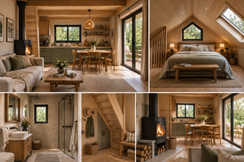 vizualizace interiéru chaty po přestavbě - Prodej pozemku 1432 m², Praha 5 - Řeporyje