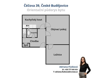 Orientační půdorys bytu - Prodej bytu 2+1 v osobním vlastnictví 59 m², České Budějovice