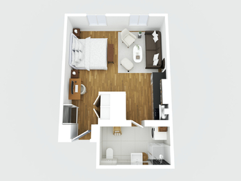 Plánek bytu 3D - Prodej bytu 1+kk v osobním vlastnictví 36 m², Praha 8 - Karlín