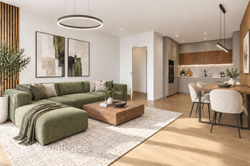 vizualizace obýváku s kuchyní - Prodej bytu 3+kk v družstevním vlastnictví 72 m², Praha 9 - Prosek