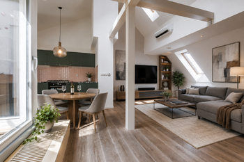OBÝVACÍ POKOJ S KUCHYŇSKÝM KOUTEM - VIZUALIZACE - Prodej bytu 3+kk v osobním vlastnictví 144 m², Praha 3 - Žižkov 
