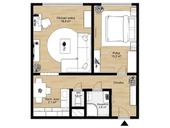 Půdorys 2D - Pronájem bytu 2+1 v osobním vlastnictví 50 m², Havířov