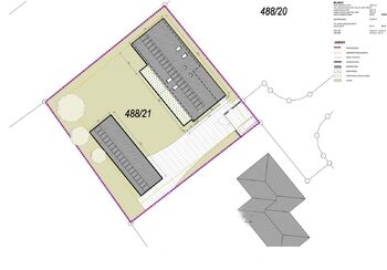 Studie možnosti výstavby rodinného domu na pozemku, situace RD na pozemku. - Prodej pozemku 1087 m², Tišice