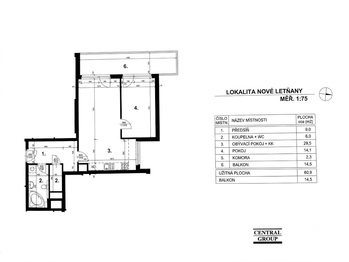 Terchnický půdorys dispozice bytu. - Prodej bytu 2+kk v osobním vlastnictví 61 m², Praha 9 - Letňany