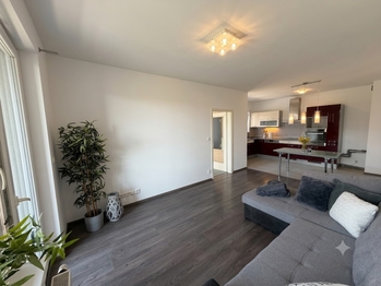 Hlavní obytná místnot - OP + KK + vstup do ložnice. - Prodej bytu 2+kk v osobním vlastnictví 61 m², Praha 9 - Letňany