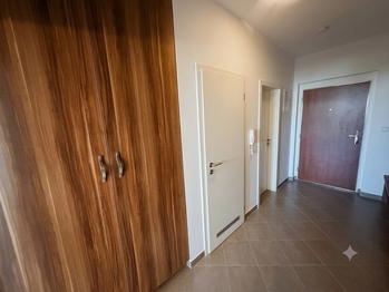 Hluboká úložná skříň, vstup do úklidové místnosti/šatny, vstup do koupelny, hl. vstup do bytu. - Prodej bytu 2+kk v osobním vlastnictví 61 m², Praha 9 - Letňany