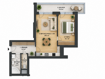 Orientační půdorys s dispozicí bytu a výměrou místností. - Prodej bytu 2+kk v osobním vlastnictví 61 m², Praha 9 - Letňany
