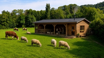 vizualizace hospodářského stavení na jednom z trvalých tr. porostů - Prodej pozemku 36931 m², Mírová pod Kozákovem