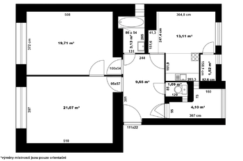 Orientační půdorys s rozměry - Prodej bytu 2+1 v osobním vlastnictví 68 m², Poděbrady