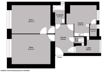 Orientační půdorys  - Prodej bytu 2+1 v osobním vlastnictví 68 m², Poděbrady