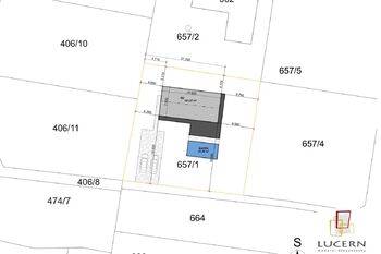 Umístění stavby na pozemku s rozměry - Prodej pozemku 967 m², Rostoklaty