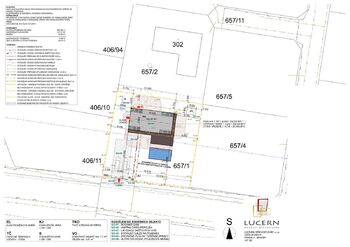 Umístění stavby na pozemku s rozměry a sítěmi - Prodej pozemku 967 m², Rostoklaty