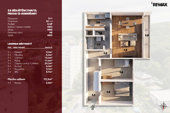 Prodej bytu 3+1 v osobním vlastnictví 73 m², Praha 4 - Komořany