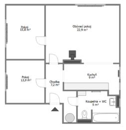 Půdorys - Prodej bytu 3+1 v osobním vlastnictví 74 m², Milovice