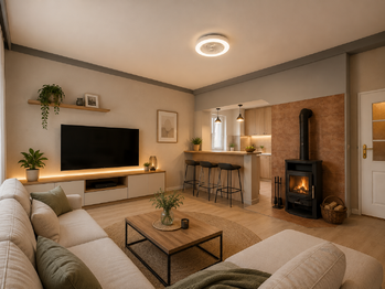 Vizualizace obývacího pokoje - Prodej bytu 3+1 v osobním vlastnictví 74 m², Milovice