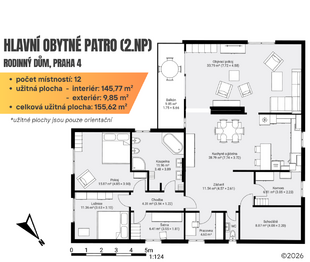 Půdorys: hlavní obytné patro - Pronájem domu 286 m², Praha 4 - Libuš