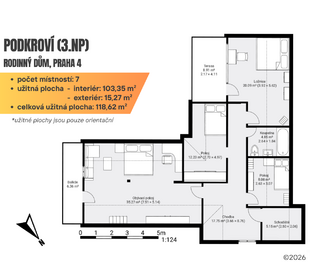 Půdorys: Podkroví - Pronájem domu 286 m², Praha 4 - Libuš