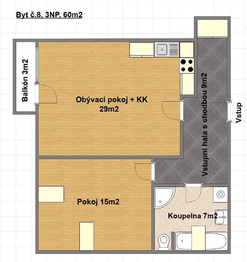 Půdorys bytu - Pronájem bytu 2+kk v osobním vlastnictví 64 m², Praha 9 - Klánovice