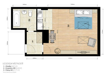 Plán bytu - Prodej bytu 1+kk v osobním vlastnictví 37 m², Praha 6 - Dejvice