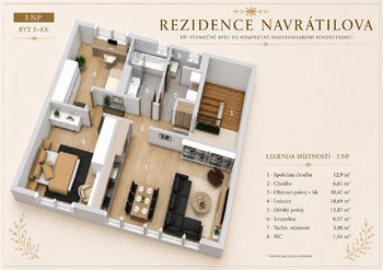 Půdorys - Prodej bytu 3+kk v osobním vlastnictví 77 m², Slaný