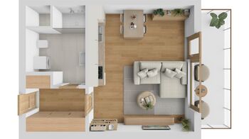Půdorys bytu 1+kk s terasou - Prodej bytu 1+kk v osobním vlastnictví 38 m², Hradec Králové