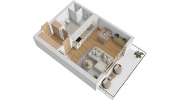 Půdorys bytu 1+kk s terasou - Prodej bytu 1+kk v osobním vlastnictví 38 m², Hradec Králové