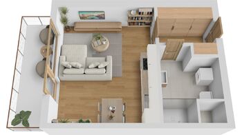 Půdorys bytu 1+kk s terasou - Prodej bytu 1+kk v osobním vlastnictví 38 m², Hradec Králové