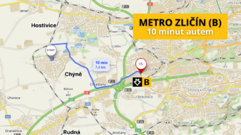 Dojezdová vzdálenost na Zličín (metro B) - Prodej pozemku 1063 m², Chýně