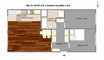 půdorys současný stav - Pronájem bytu 3+kk v osobním vlastnictví 67 m², Praha 4 - Krč
