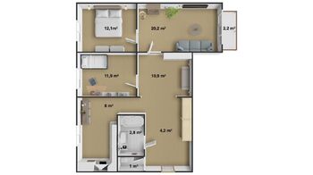 Půdorys bytu - Prodej bytu 3+1 v osobním vlastnictví 71 m², České Budějovice