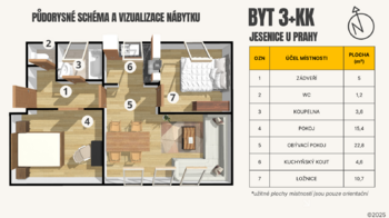 Půdorysný plánek - Pronájem bytu 3+kk v osobním vlastnictví 62 m², Jesenice