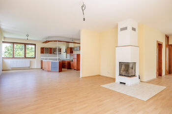 Obývací pokoj s krbem, jídelnou a kuchyní - Prodej domu 358 m², Praha 4 - Braník