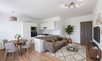 Vizualizace obývacího pokoje s kuchyní - Pronájem bytu 3+kk v osobním vlastnictví 61 m², Praha 4 - Nusle 