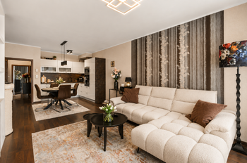 Obývací pokoj - Prodej bytu 3+kk v osobním vlastnictví 87 m², Praha 9 - Letňany