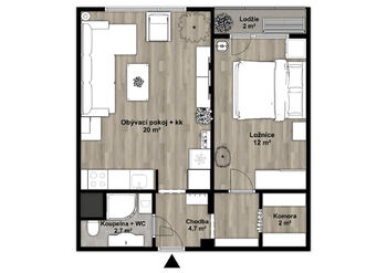 Půdorys 2D - Pronájem bytu 2+kk v družstevním vlastnictví 44 m², Ostrava