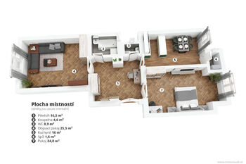3D plán bytu - Pronájem bytu 3+kk v osobním vlastnictví 90 m², Praha 2 - Vinohrady